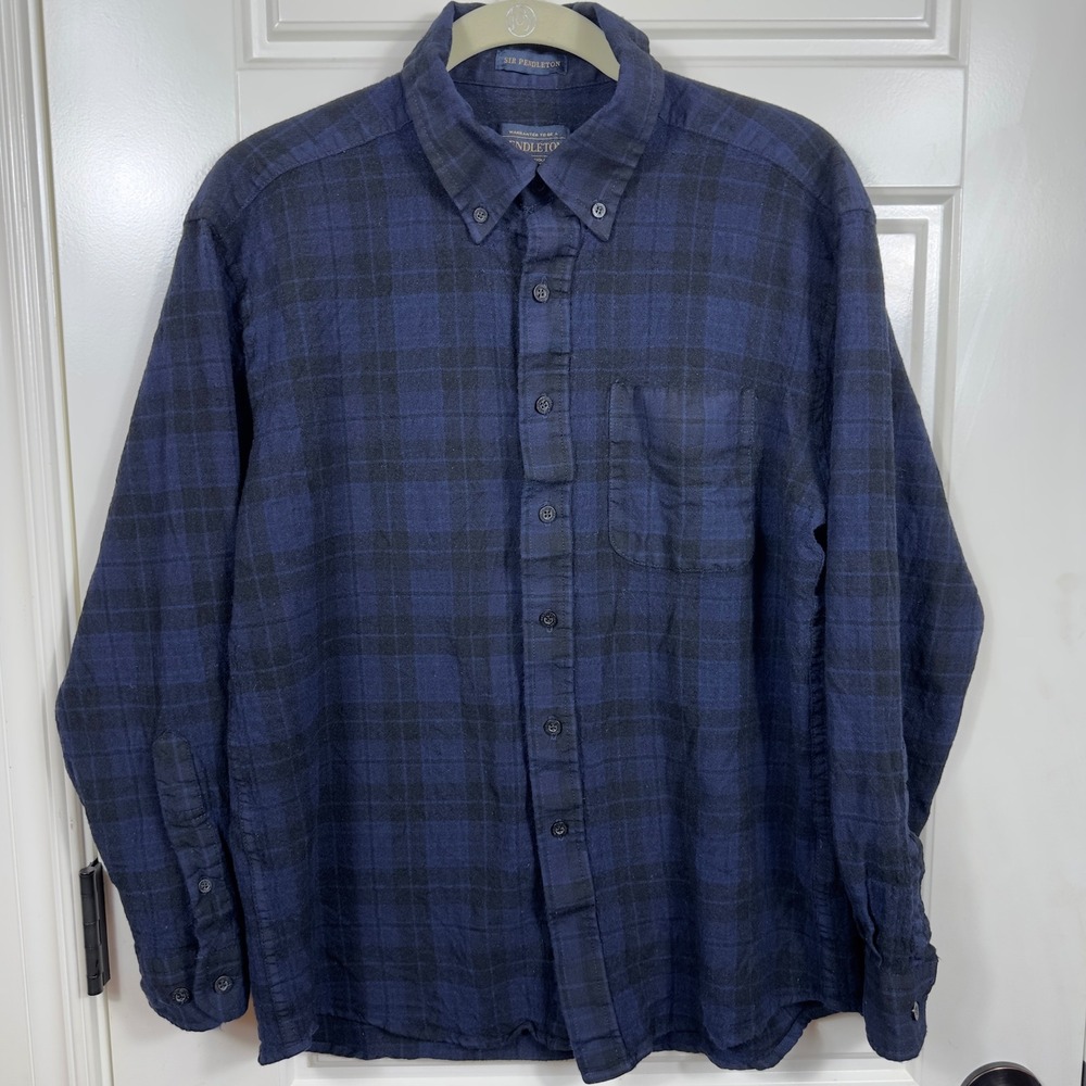 Pendleton Sir Pendleton Clergy Tartan Plaid Button Down Shirt Men L Blue Wool